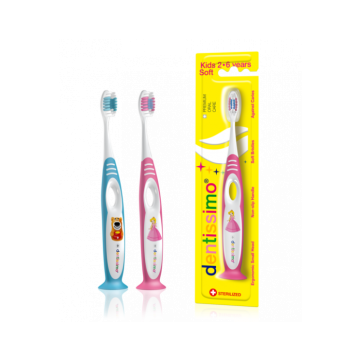 Dentissimo Junior 2 6 Zahnbürste Weiches und farbenfrohes Kinderkind, das sich an die Mundhygiene gewöhnt